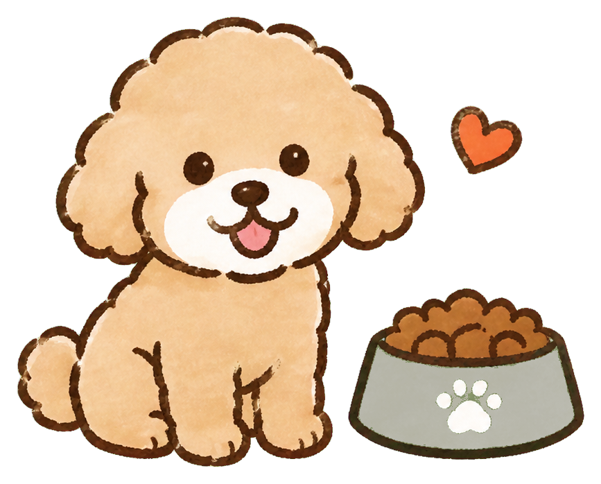 フードのそばに座るトイプードルのイラスト