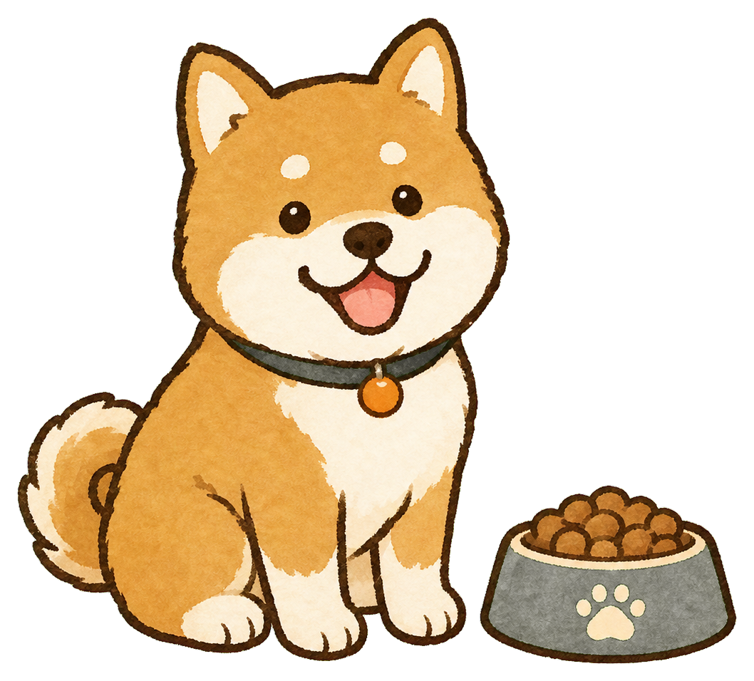 フードを前に笑顔で座る柴犬のイラスト